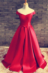 Prom Dresses For Short Girl, 2024 Gorgeous Red Floor-Length/Long A-Line/Princess Off-the-Shoulder Lace Up Satin Prom Dresses