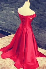 Prom Dress For Girl, 2024 Gorgeous Red Floor-Length/Long A-Line/Princess Off-the-Shoulder Lace Up Satin Prom Dresses