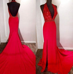 Prom Dresses Mermaid, 2024 Gorgeous Red Halter Side-Slit Mermaid/Trumpet Satin Prom Dresses