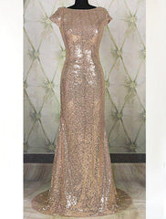 Prom Dress Shops, Floor-Length/Long Bateau Neck Column/Sheath Sequined Prom Dresses