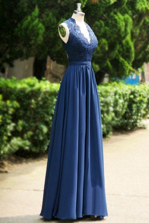 Prom Dresses Inspiration, 2024 Blue Floor-Length/Long A-Line/Princess Backless Lace V-Neck Chiffon Prom Dresses