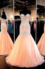 Prom Dresses For Girl, Floor-Length/Long Mermaid/Trumpet Sweetheart Tulle Prom Dresses