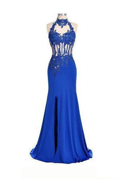 Prom Dress Design, 2024 Blue Mermaid/Trumpet Halter Sleeveless Natural Stretch Satin Prom Dresses