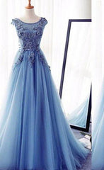 Prom Dresses Website, Appliques Lace Up Capped Sleeves A-Line/Princess Tulle 2024 Blue Prom Dresses