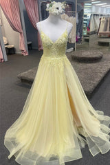 Bridesmaid Dress Strapless, Light Yellow Deep V Appliques Long Prom Dress with Slit