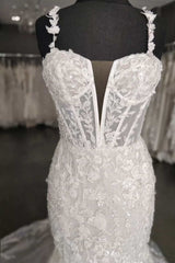 Wedding Dresses For Short Brides, Mermaid White Floral Lace Sweetheart Long Wedding Dress