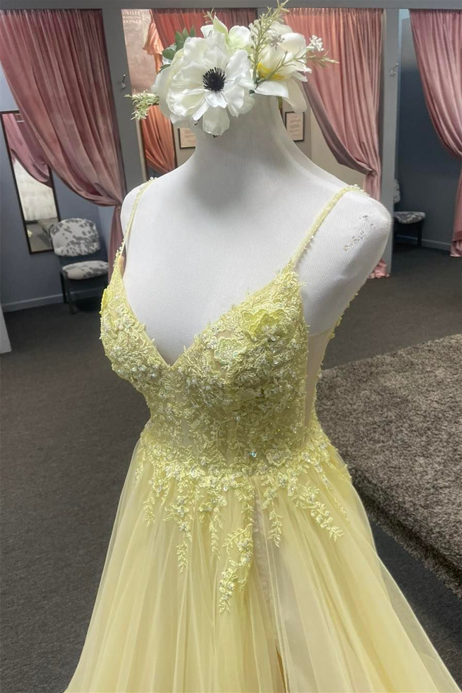 Bridesmaids Dresses Strapless, Light Yellow Deep V Appliques Long Prom Dress with Slit