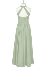 Formal Dress For Ladies, Sage Green Halter Backless A-Line Bridesmaid Dress