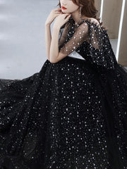Wedding Decor, Black Tulle Off Shoulder Tulle Long Prom Dress, Black Evening Dress