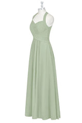 Formal Dressing For Ladies, Sage Green Halter Backless A-Line Bridesmaid Dress