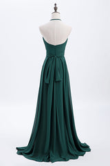 Party Dresses For 30 Year Olds, Hunter Green Halter Chiffon A-line Long Bridesmaid Dress