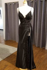 Prom Dress Long Quinceanera Dresses Tulle Formal Evening Gowns, Black Floral Lace V-Neck Long Prom Dress with Slit