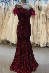 Prom Dresses Styles, Burgundy Sequin Feather Off-the-Shoulder Mermaid Long Prom Gown