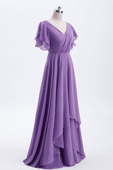 Formal Dress On Sale, Flutter Sleeves Lavender Chiffon A-line Long Bridesmaid Dress