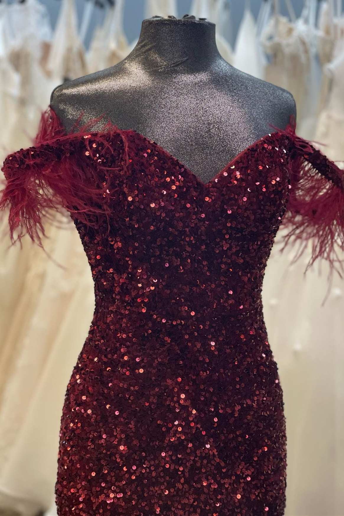 Prom Dresses On Sale, Burgundy Sequin Feather Off-the-Shoulder Mermaid Long Prom Gown