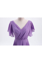 Formal Dress Shop, Flutter Sleeves Lavender Chiffon A-line Long Bridesmaid Dress