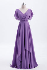 Formal Dress Shops, Flutter Sleeves Lavender Chiffon A-line Long Bridesmaid Dress