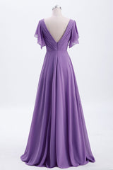 Formal Dresses Shops, Flutter Sleeves Lavender Chiffon A-line Long Bridesmaid Dress
