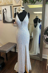 Bridesmaids Dresses Modest, White Iridescent Sequin Plunge V Long Prom Dress with Slit