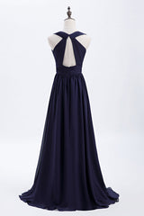 Formal Dress Long Gown, Empire Navy Blue Chiffon A-line Long Bridesmaid Dress