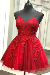 Homecoming Dresses Red, Strappy Lace Appliqued Red Short Homecoming Dress