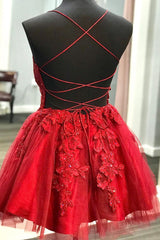 Homecoming Dress Classy, Strappy Lace Appliqued Red Short Homecoming Dress