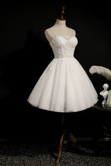 Bridesmaid Dresses Short, Ivory Spaghetti Straps Beaded Tulle Princess Homecoming Dresses
