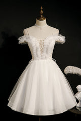Bridesmaid Dress By Color, Ivory Spaghetti Strap Beaded Tulle Short Princess Homecoming Dresses