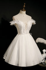 Bridesmaid Dresses Trends, Ivory Spaghetti Strap Beaded Tulle Short Princess Homecoming Dresses