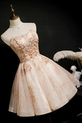 Bridesmaid Dresses Short, Champagne Strapless Sequins Tulle Short Homecoming Dresses
