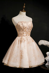 Bridesmaid Dresses Beach, Champagne Strapless Sequins Tulle Short Homecoming Dresses