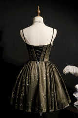 Prom Dress For Girl, Elegant Black Spaghetti Strap Sequins Tulle Short Homecoming Dresses