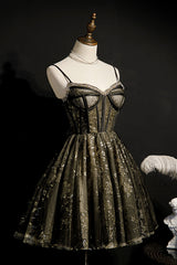 Prom Dress For Short Girl, Elegant Black Spaghetti Strap Sequins Tulle Short Homecoming Dresses