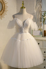 Bridesmaid Dresses Summer, Champagne V Neck Spaghetti Straps Tulle Princess Homecoming Dresses
