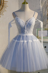 Bridesmaid Dress Outdoor Wedding, Light Blue Spaghetti Straps Lace Tulle Short Homecoming Dresses