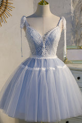 Bridesmaid Dresses Blue, Light Blue Spaghetti Straps Lace Tulle Short Homecoming Dresses