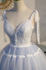 Bridesmaids Dresses Wedding, Light Blue Spaghetti Straps Lace Tulle Short Homecoming Dresses