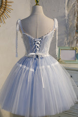 Bridesmaid Dress Wedding, Light Blue Spaghetti Straps Lace Tulle Short Homecoming Dresses