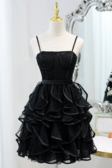 Bridesmaid Dresses Shops, Black Sequins Spaghetti Straps Tulle Short Homecoming Dresses