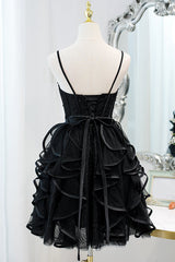 Bridesmaid Dress Satin, Black Sequins Spaghetti Straps Tulle Short Homecoming Dresses