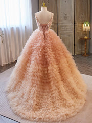 Evening Dresses Modest, Unique V Neck Tulle Sequin Orange Pink Long Prom Dress, Orange Pink Sweet 16 Dress