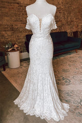 Wedding Dresses Trends, White Plunging Off-the-Shoulder Lace Mermaid Long Wedding Dress