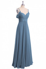 Evening Dress Suit, Dusty Blue Chiffon Cold Shoulder A-Line Long Bridesmaid Dress