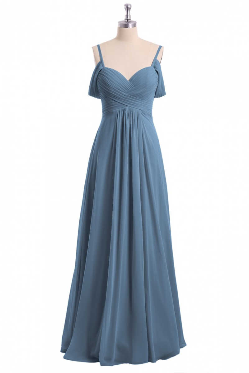 Evening Dress Gold, Dusty Blue Chiffon Cold Shoulder A-Line Long Bridesmaid Dress