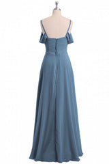 Evening Dresses Suits, Dusty Blue Chiffon Cold Shoulder A-Line Long Bridesmaid Dress