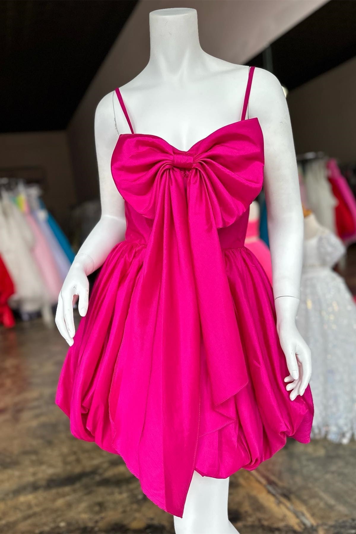 Semi Formal, Fuchsia Straps Satin A-line Homecoming Dress with Bow