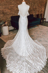 Wedding Dresses Trending, White Plunging Off-the-Shoulder Lace Mermaid Long Wedding Dress
