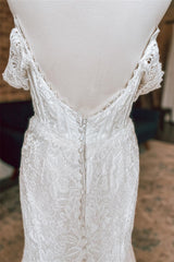 Wedding Dress Shops, White Plunging Off-the-Shoulder Lace Mermaid Long Wedding Dress