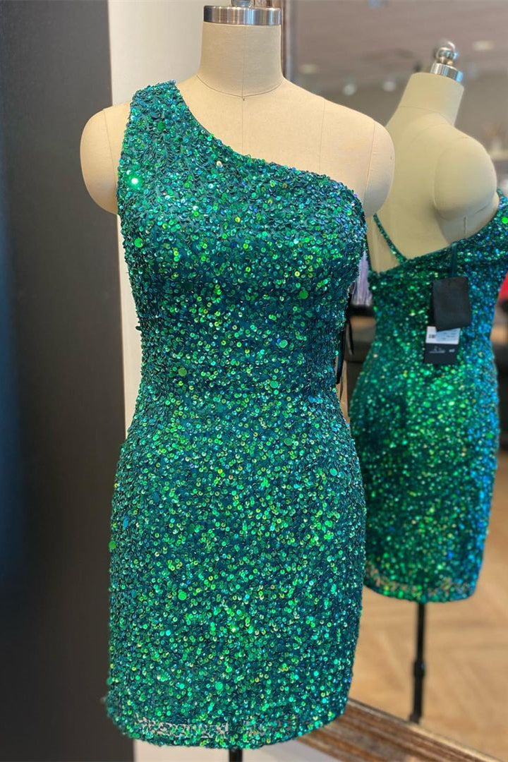 Party Dress Mid Length, Hunter Green One Shoulder Straps Sequins Sheath Homecoming Dress