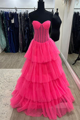 Party Dress Red Colour, Hot Pink Strapless Layers Tulle A-line Long Prom Dress